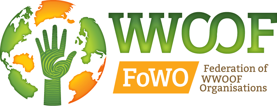 Federation of WWOOF logo, has a hand in the middle of the globe on the right